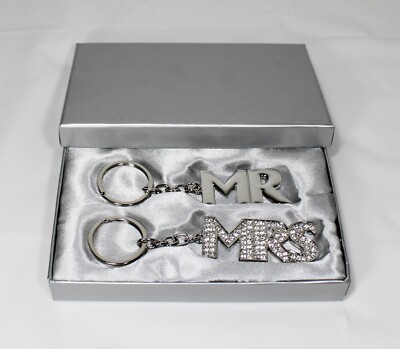 NIB MR & MRS SET OF 2 KEYCHAINS SILVER METAL & RHINESTONES - WEDDING ANNIVERSARY
