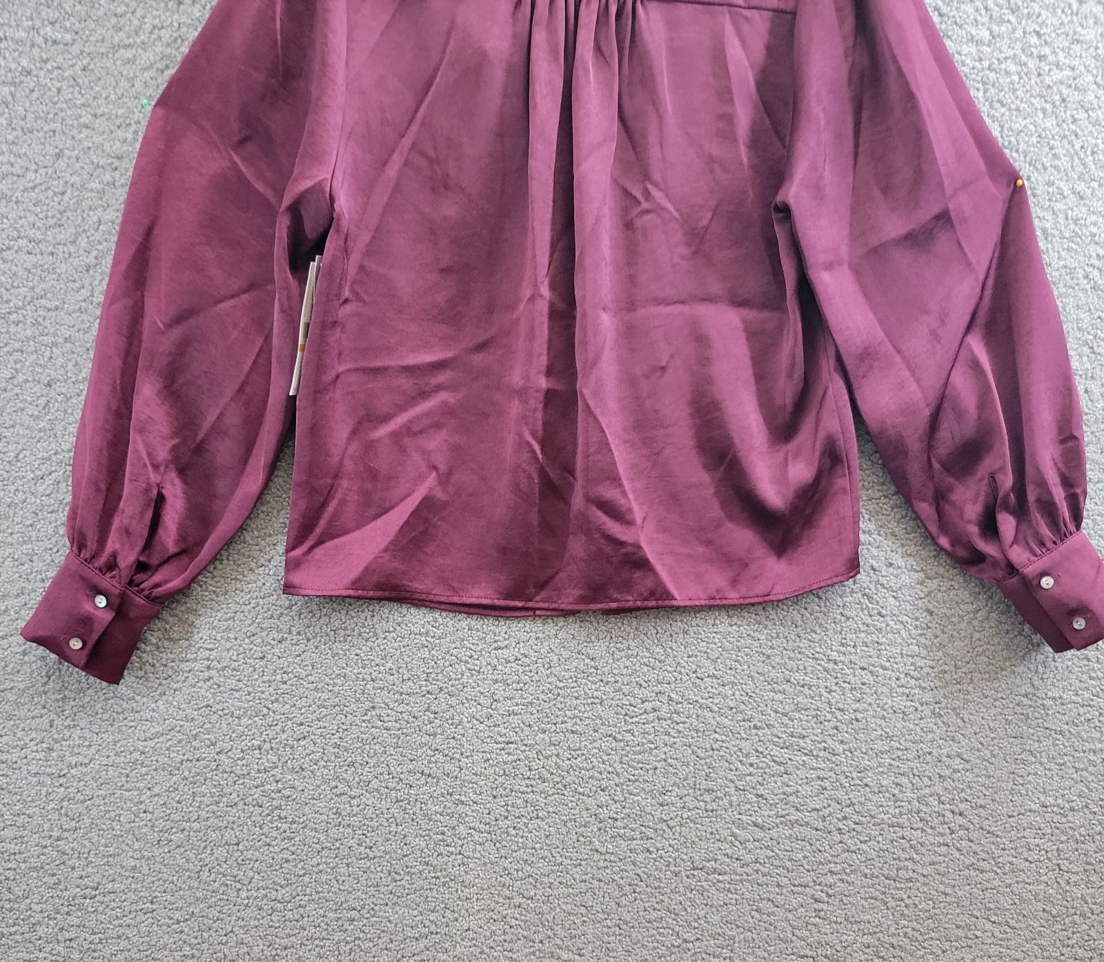 Karen Kane Shirred Blouse Women's S Wine Solid Collared Long Sleeve Button Front - Picture 14 of 15