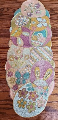 Pier 1 Beaded Floral Butterfly Bunny Table Runner, Easter Pastel 13 x35  NEW