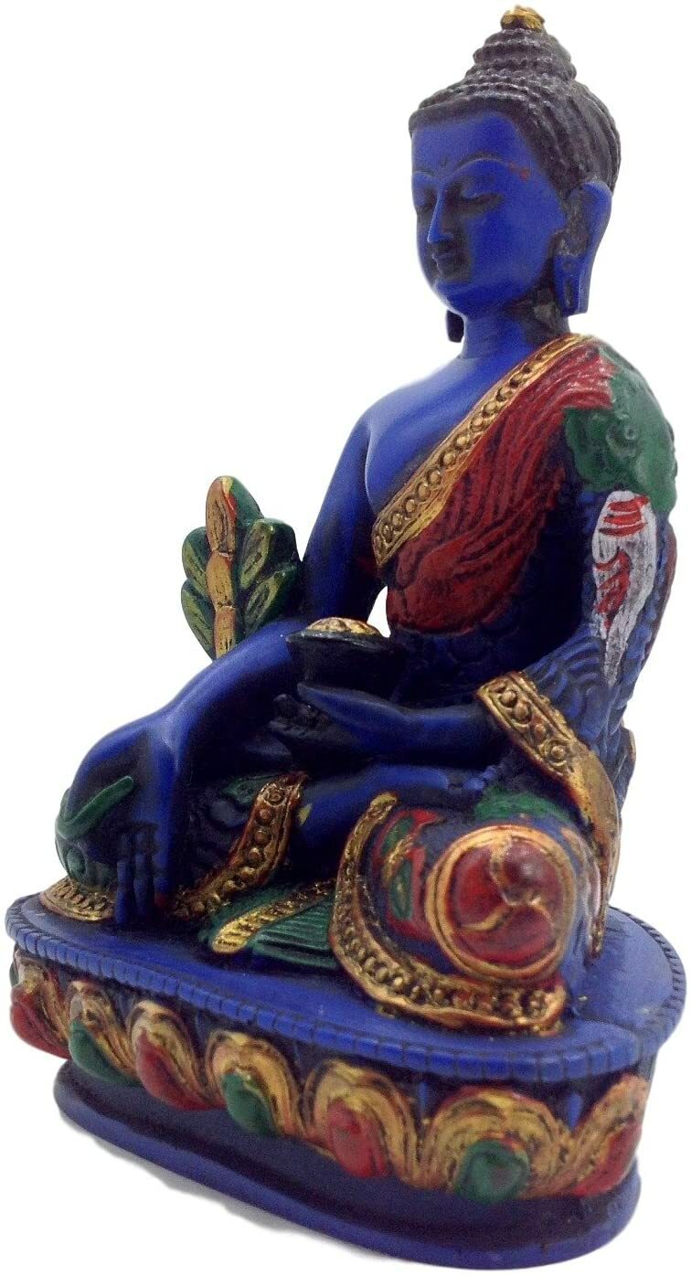Medicine Buddha. Handmade 5.5 Inches Tall Multicolor Blue Hand Painted Buddha