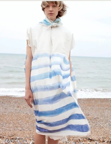 Pre-owned Toogood The Fisherwoman Hand Painted Cotton Dress — Breton Limited Edition Xl In Blue/ivory