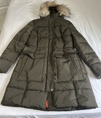 DKNY Women's Size L  Puffer Jacket Brown Polyester Zip Long Sleeve Hooded