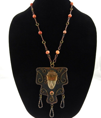 Mexico Vintage Copper Aztec Mayan Warrior Head Face Pendant Necklace