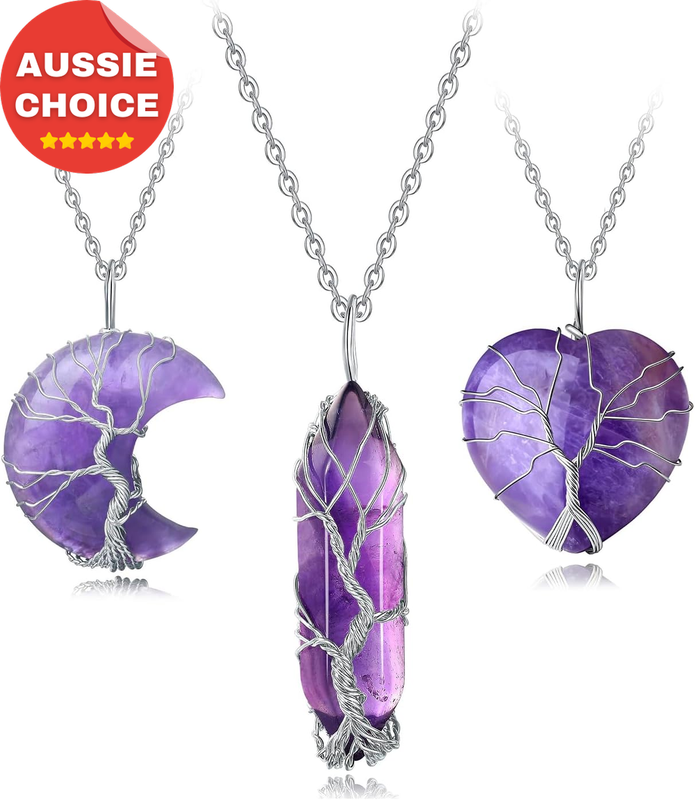 3 Pcs Tree of Life Crystal Necklace Wire Wrapped Natural Stone Pendant Jewelry