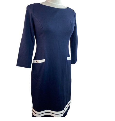 Talbots Shift Dress Navy Blue Nautical Ribbon 3/4 Sleeves