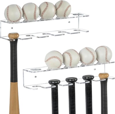 Wall Mounted Clear Acrylic Hanging Baseball Bat & Ball Racks, Bat Rack, Set of 2