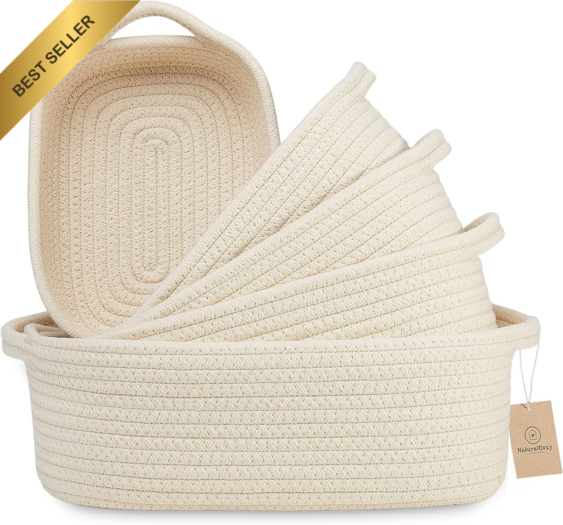 5-Piece Rectangle Storage Basket Set- Natural Cotton Rope Woven Baskets for Orga