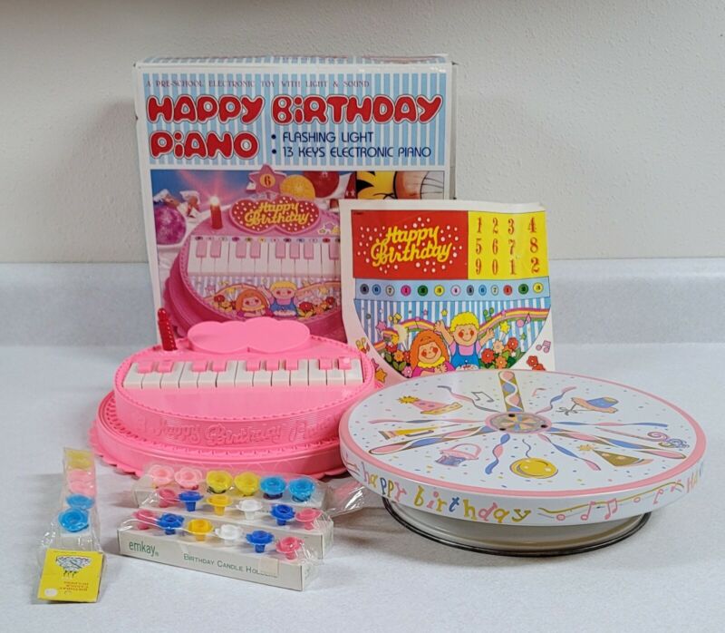 VTG. Metal Musical Rotating Happy Birthday Cake Stand, Candle Holders, & Piano!