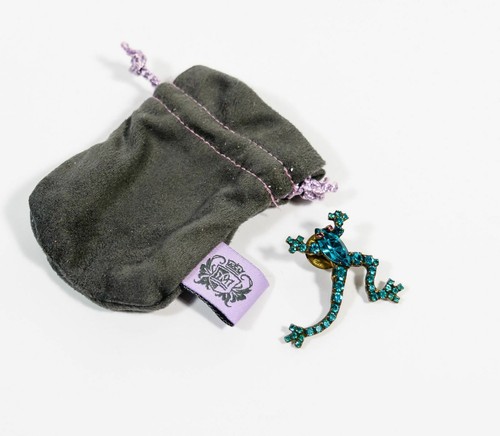 VTG Dorothy Bauer Blue Purple Rhinestone Brass Tone Frog Brooch Lapel Pin *