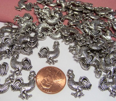 BULK LOT 50 SILVER ROOSTER-CHICKEN CHARMS-FARM-BARNYARD ANIMAL-COUNTRY-JEWELRY
