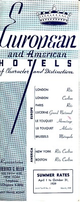 European and American Hotels Frederick G. Heller Summer Rates 1939 Brochure