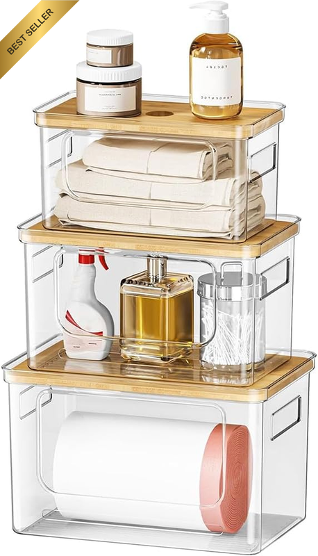 Trash Bag Holder Dispenser (Set of 3), Stackable Trash Bag Organizer with Bamboo