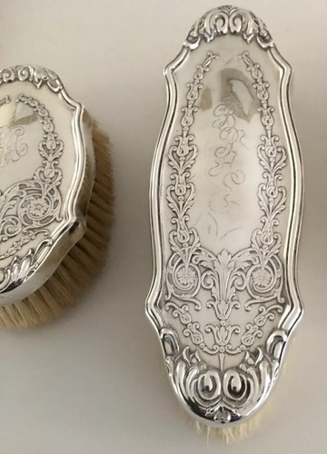 Antique Victorian Sterling Silver Clothes Brush SET of 3 Art Nouveau Ornate Mono
