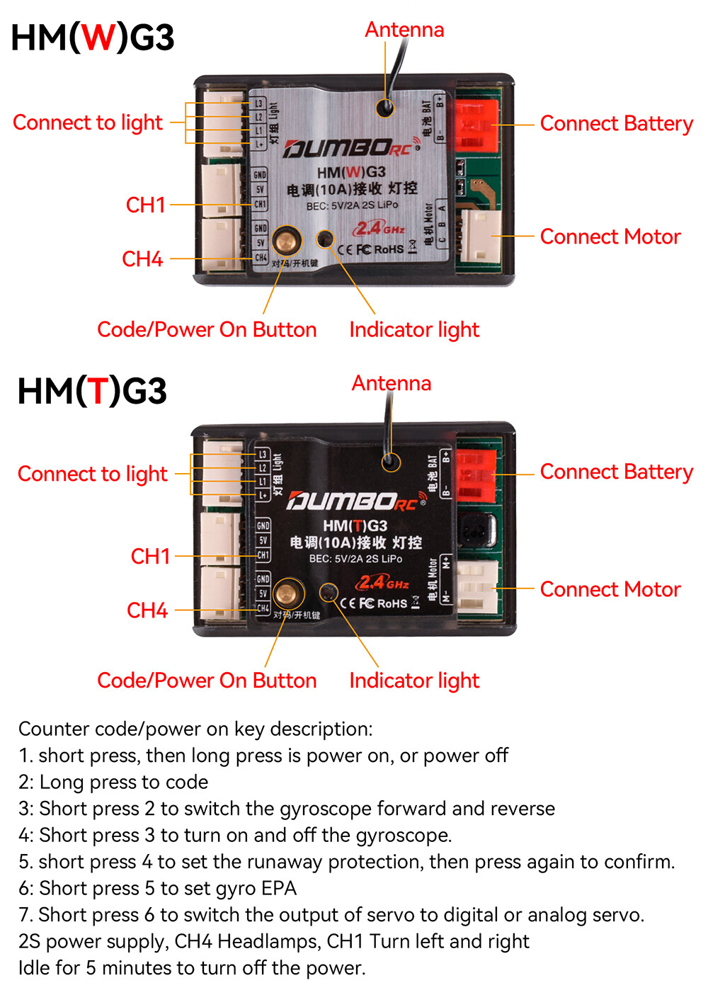 DUMBORC 3in1 Receiver 2.4Ghz 10A ESC with Gyro Light Controller for RC Car Boat