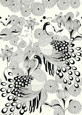 Rasch Wallpaper 539165 Club Botanique Peacock Bird Black White Mural Fleece