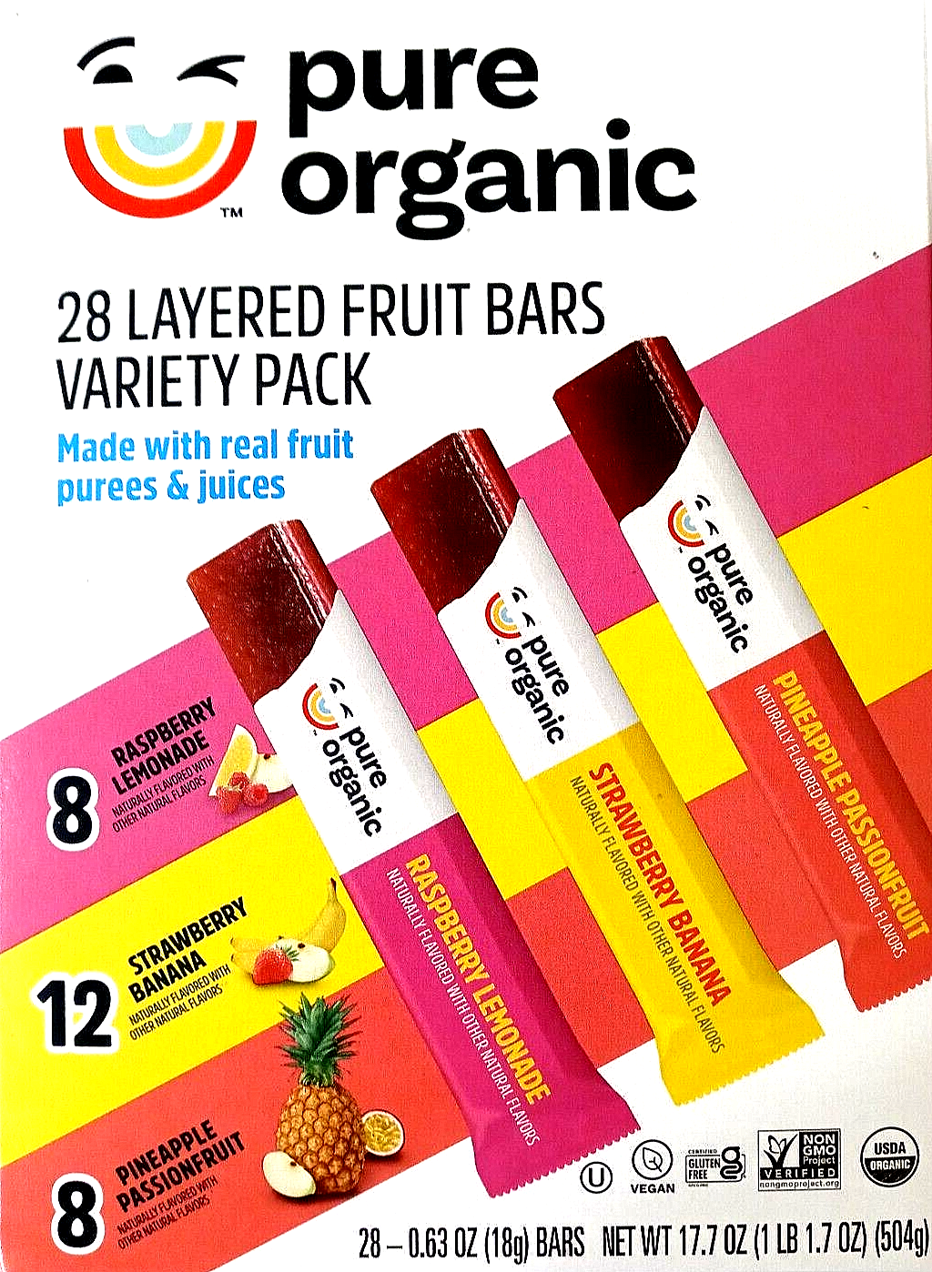 Pure Organic Layered Fruit Bars Variety Pack 28 Organic Bars EXP 03/2027