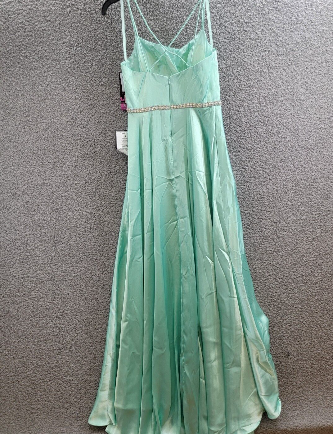 Blondie Nites Satin Double Spaghetti Strap Crystal Belt Dress Juniors' 5 Mint - Picture 9 of 15