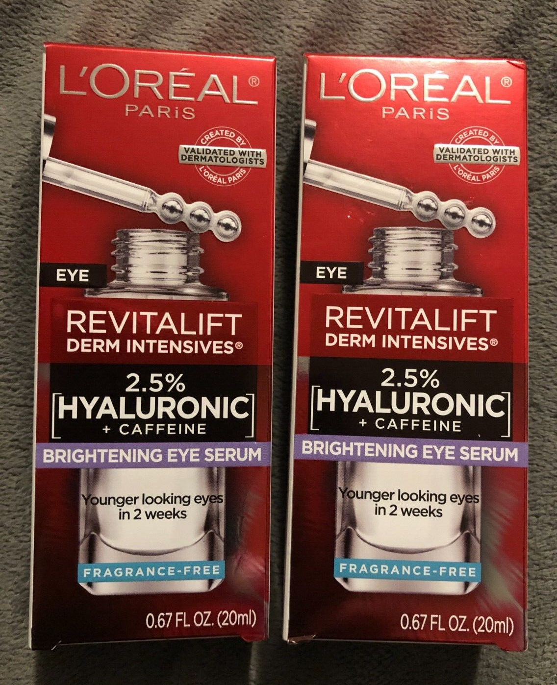 New Lot Of 2 Boxes Loreal Revitalift Brightening Hyaluronic + Caffeine Eye Serum