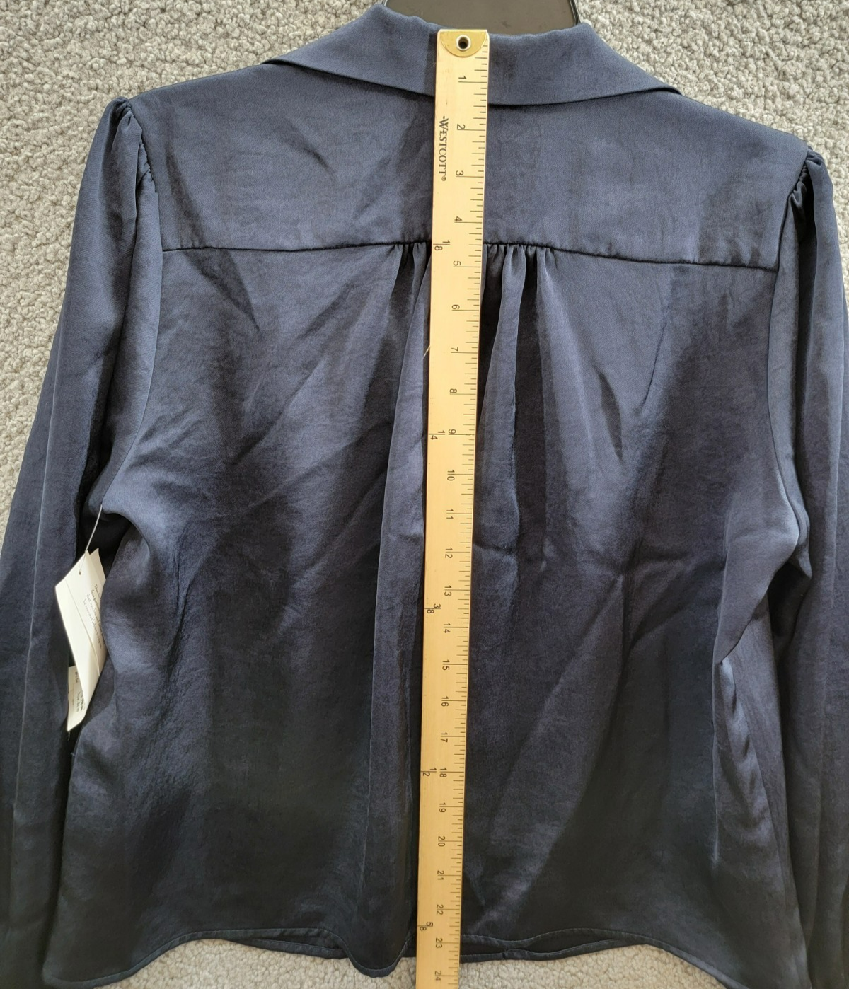 Karen Kane Shirred Blouse Women's M Navy Solid Collared Long Sleeve Button Front - Picture 15 of 18
