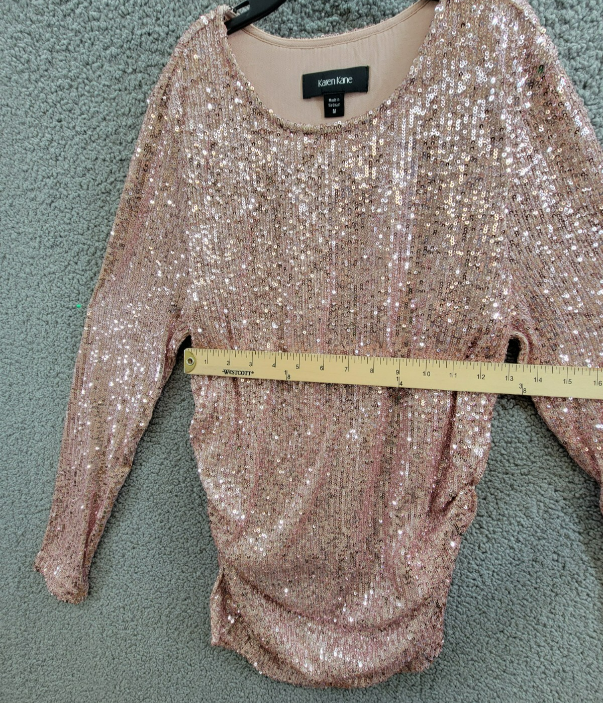 Karen Kane Side Shirred Sequin Top Womens M Pink Round Neck Long Sleeve Pullover - Picture 7 of 15