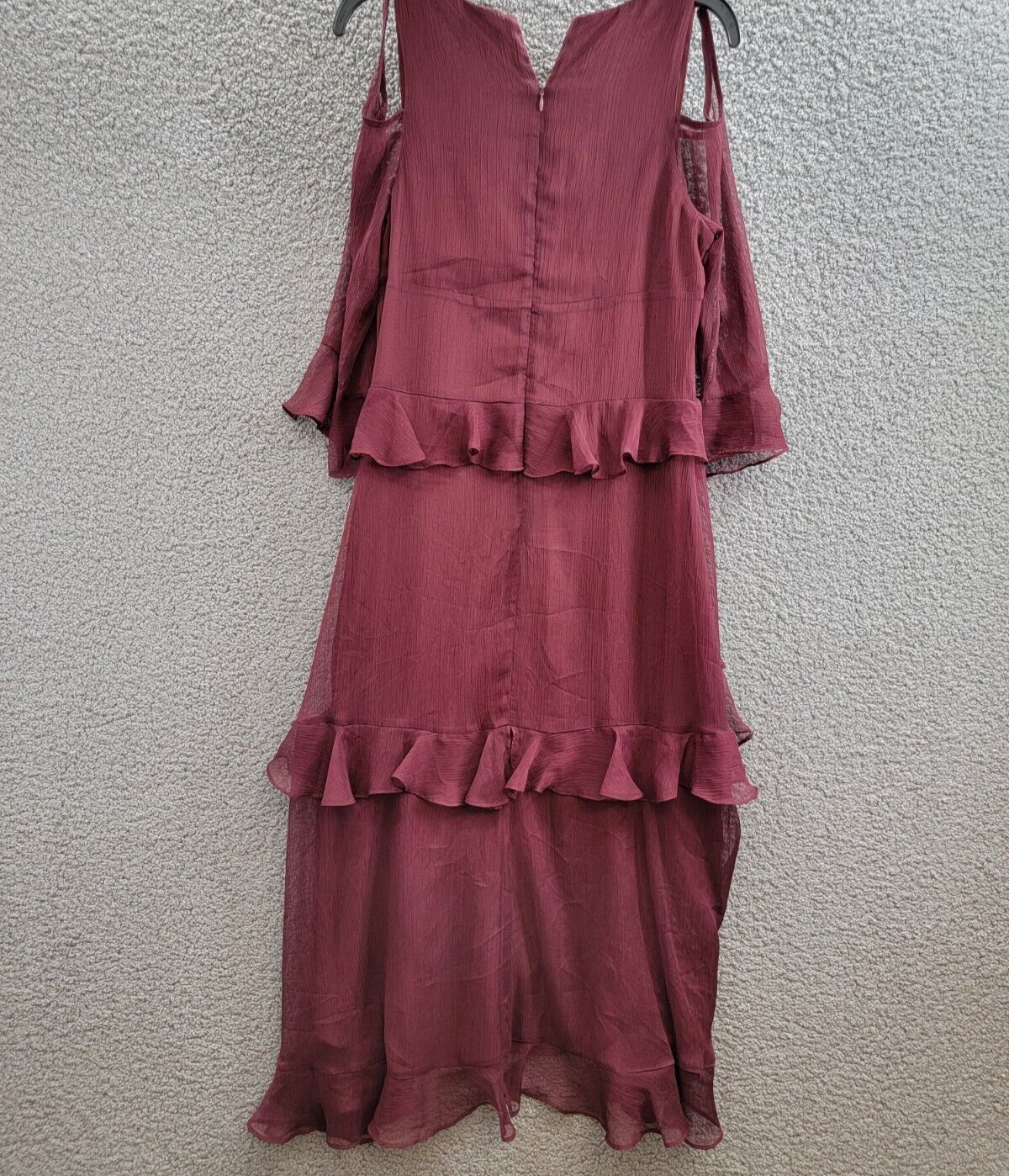 Tahari ASL Ruffled Cold-Shoulder Midi Dress Women's 8 Burgundy V-Neck Back Zip - Picture 10 of 17