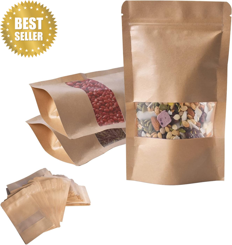 100Pcs Kraft Paper Bag with Window, Resealable Self-Sealing Kraft Paper Stand up