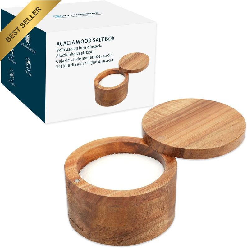 Acacia Wood Salt Cellar Bowl with Magnetic Swivel Lid 6oz Spice Container