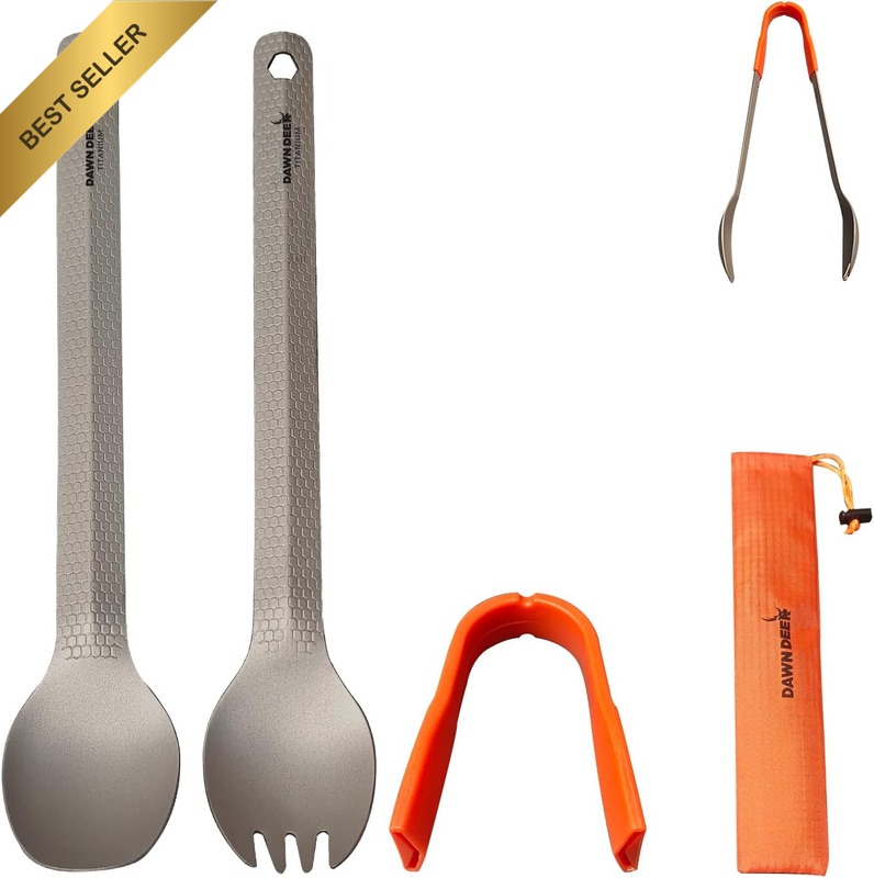 3 In1 Titanium Ultralight Cutlery Set, Long Handle Spoon and Spork, Camping Tong