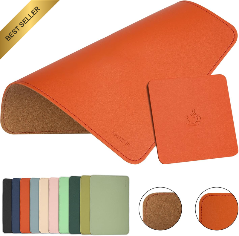 Leather Wood Mouse Pad Double Side Stitched Coaster Laptop Office Orange