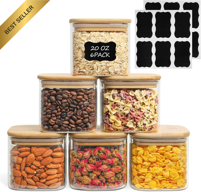 6 Pack 550ml Glass Food Storage Jars with Airtight Bamboo Lids