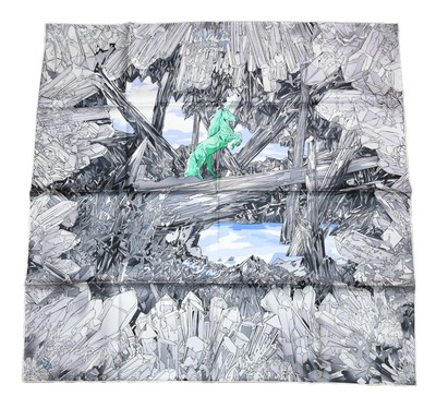Hermes Scarf La Vallee de Cristal 90 cm silk green white Carre unicorn horse 35''