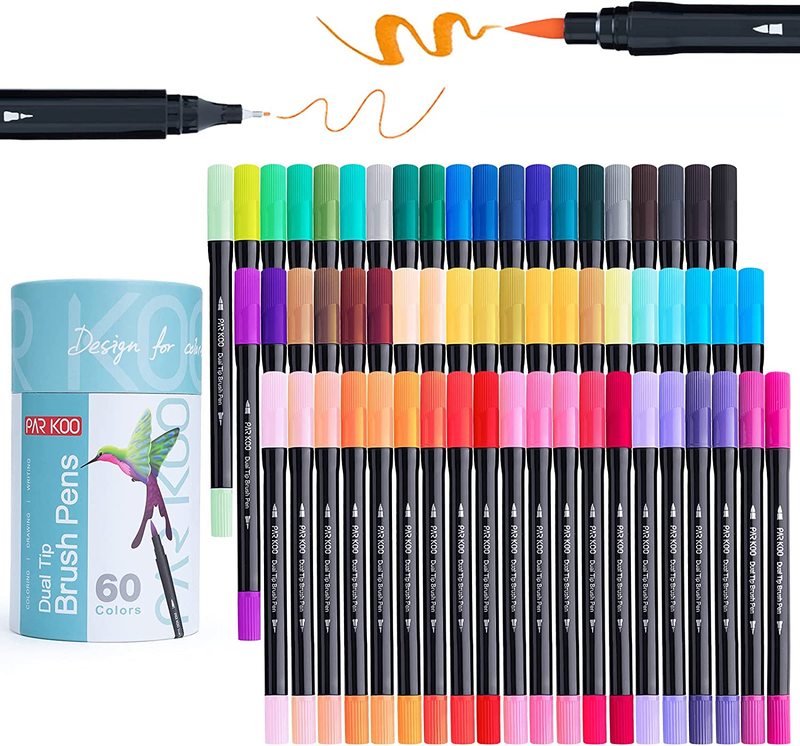 Parkoo Dual Brush Marker Pens for Coloring Books, 60 Colors Artist Fine and Brus