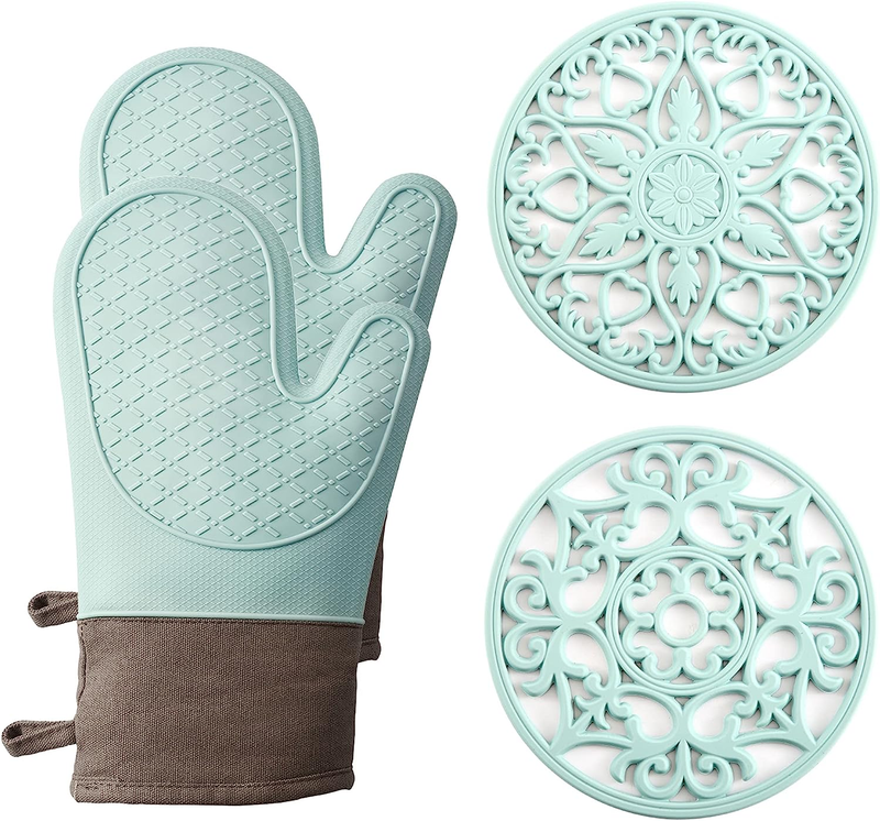 Oven Mitts and Pot Holders Sets, Silicone Heat Resistant 600F, Soft Lining Good