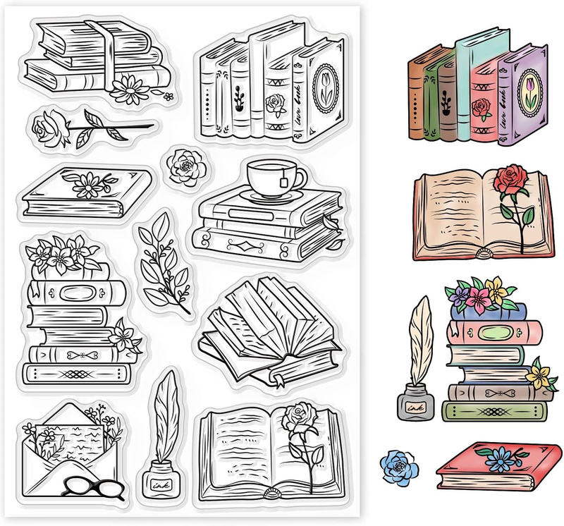 GLOBLELAND Vintage Books Clear Stamps Envelopes Flowers Quill Pen Ink Box Transp