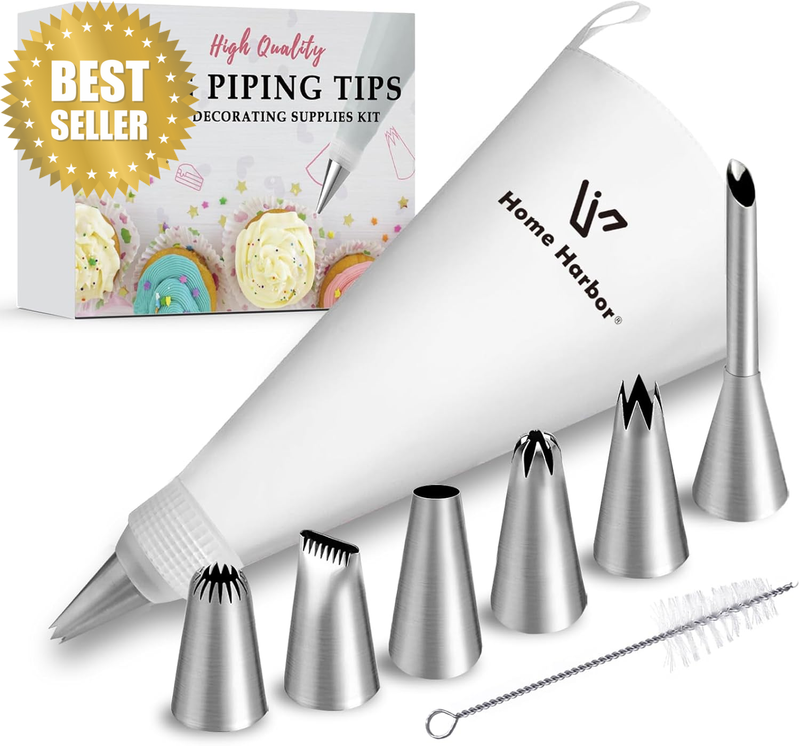 Set of 9, Reusable Nozzles for Piping Bags, One Reusable Piping Bag with Cleanin