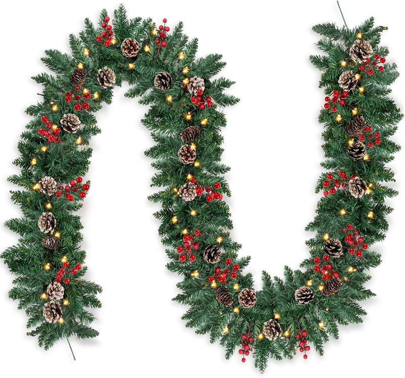 9FT Christmas Garland Decorations with 100 Lights 8 Modes Artifical Lighted Christmas Garland Outdoor Prelit Xmas Garland Berries Pine Cones Greenery for Mantle Fireplace Stairs Railing Window Table