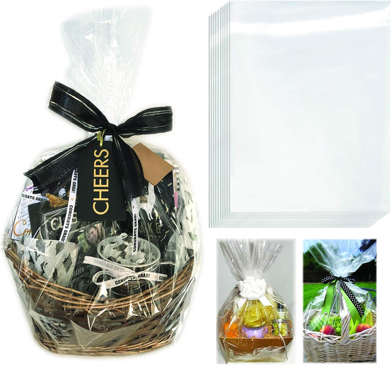 Clear Cellophane Wrap Bags | (10 Pcs) X-Large 24”In X 30”In | 2.5 Mil Thick Crys