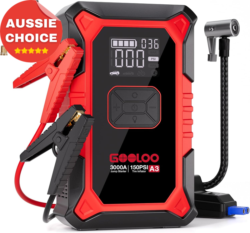 3000A Car Jump Starter with Air Compressor 150PSI Portable Tyre Inflator 12V