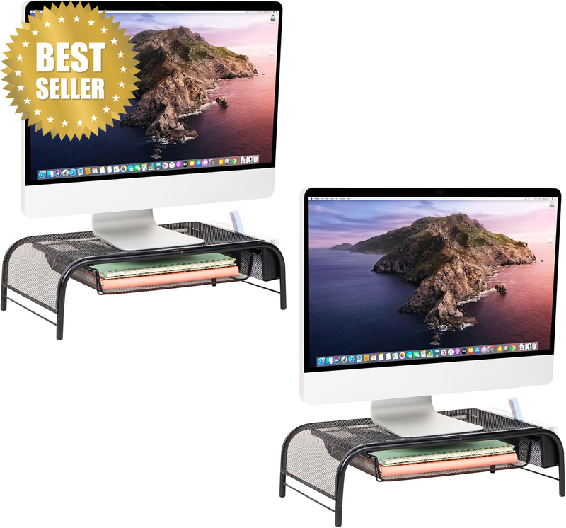 Monitor Stand, Set of 2, Ventilated Laptop Riser, Paper Tray, Office, Metal Mesh