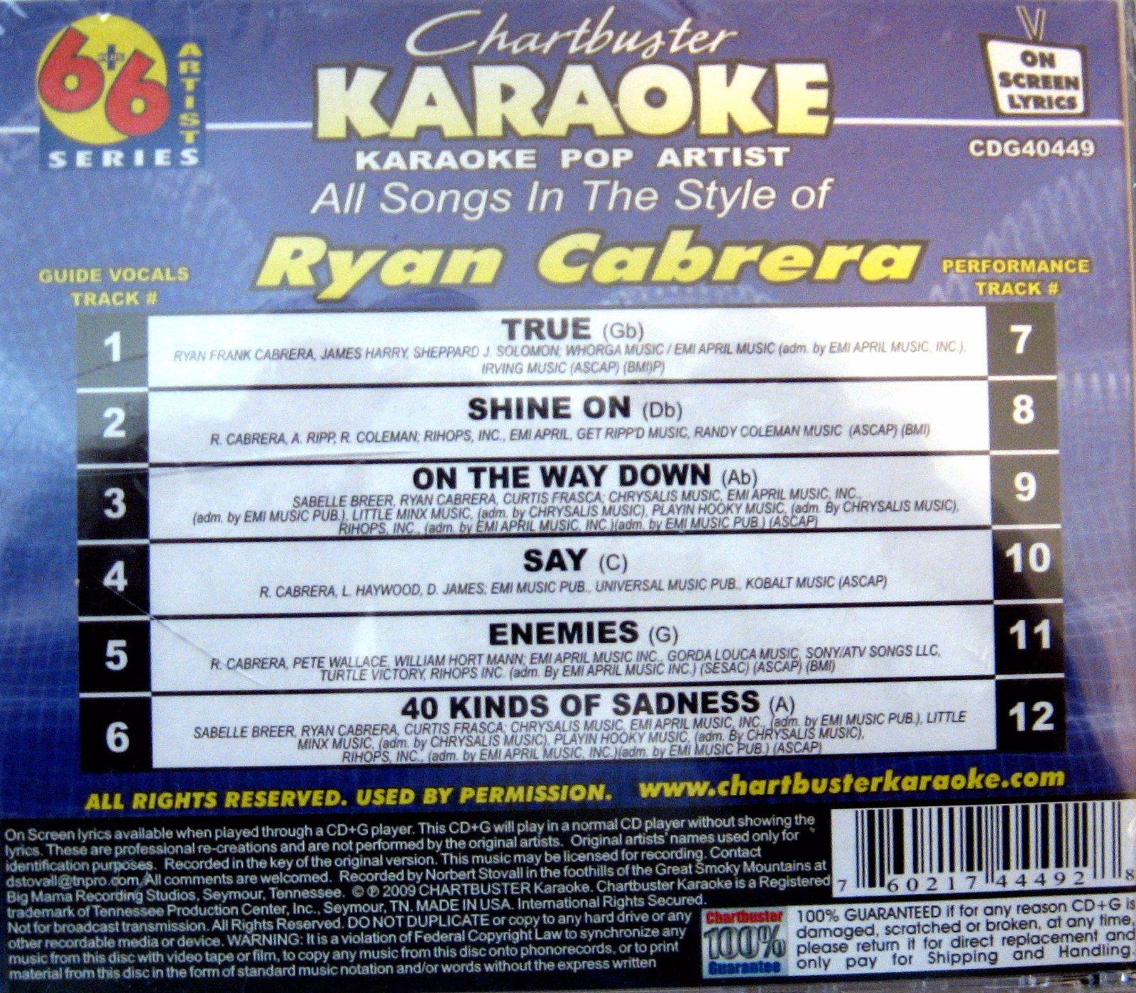 Chartbuster Karaoke CD+G   Pop Artist Series - CB40449     (Ryan Cabrera)