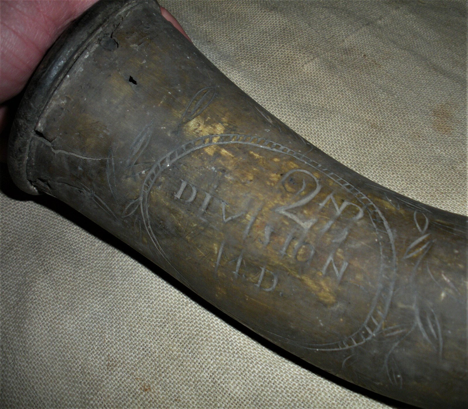 ANTQUE REVOLUTIONARY WAR 1760-80 2ND MARYLAND DIVISION ARTILLERY POWDERHORN vafo