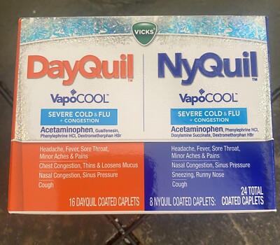 Vicks DayQuil & NyQuil VapoCool Severe Cold Flu 24 Caplets Exp 1/24+ 