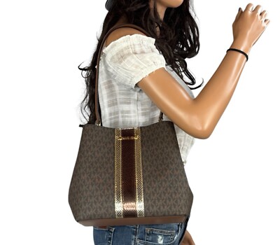 MICHAEL KORS PRATT MEDIUM BUCKET SHOULDER TOTE BAG CENTER STRIPE MK BROWN MULTI