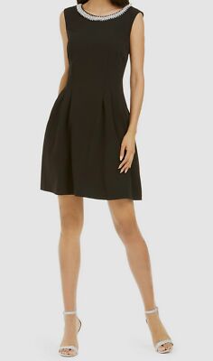 $59 Connected Women's Black Embellished Collar Sleeveless A-Line Dress Size 6