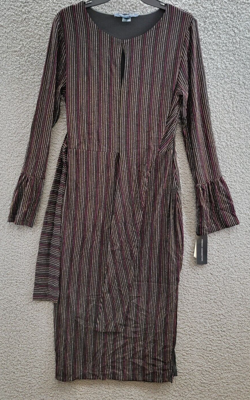 French Connection Paula Keyhole Midi Dress Women's L Black Multi Round Neckline - Picture 2 of 16
