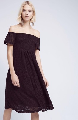  Anthropologie Dress Off The Shoulder Lace Black Ruched Swing HD In Paris S NWT 