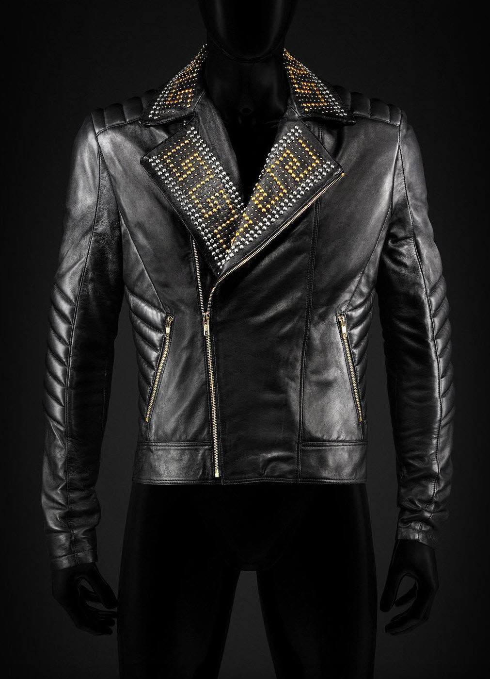 New Mens biker Golden Silver Studded Mens Black Cowhide