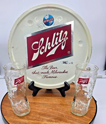 Vintage bar pub drinking barware SCHLITZ Beer cowboy boot Glasses with tray SET