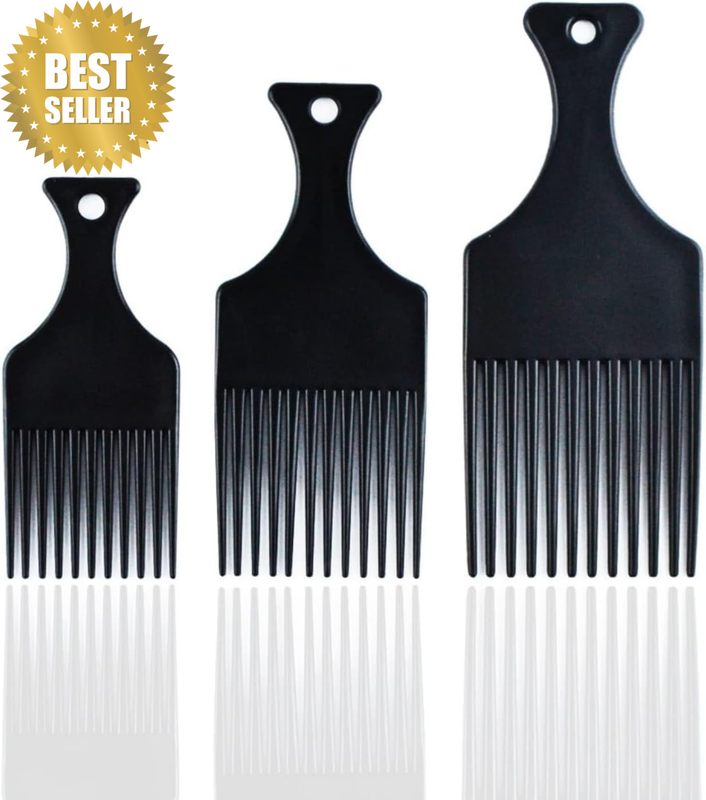 3 Pcs Afro Hair Comb Set, Black Plastic Afro Pick with Wide Teeth for Curly Wavy