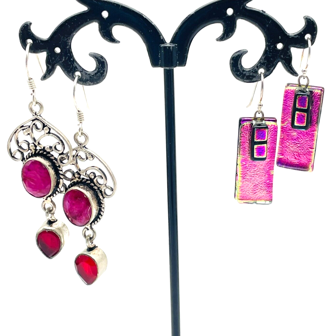 Pink Dangle Pierced Earrings Silver Tone Filigree Drops
